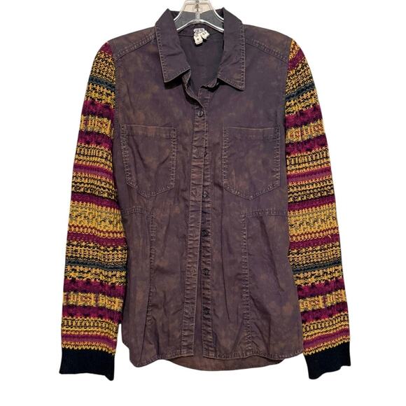 We The Free Charcoal Shirt W Multi-Colored Knit Sleeves Medium Distressed - Picture 1 of 6